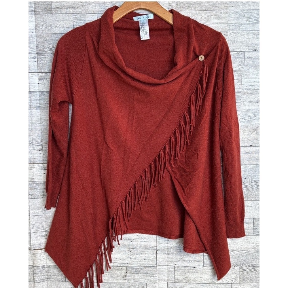 sweater cardigan‎ rust wrap fringe tassels size small southwestern boho festival